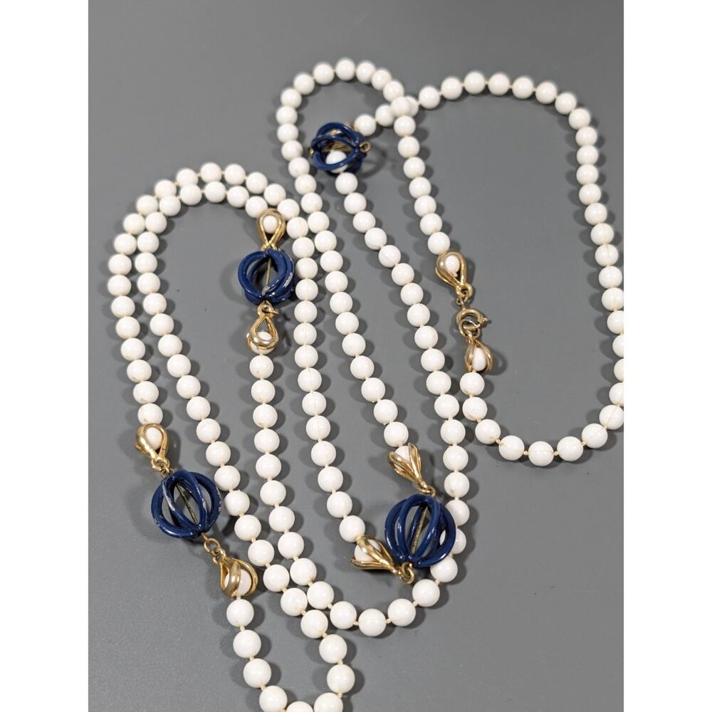 Vintage White Beaded Very Long Necklace Blue Accent Layering 54 in Opera
